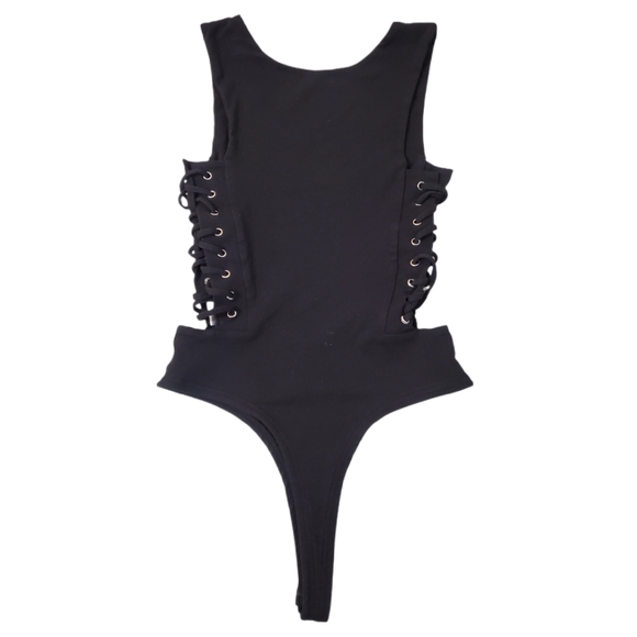 Shinestar Women's Black Side‎ Lace Up Sleeveless Bodysuit Medium - Picture 2 of 7